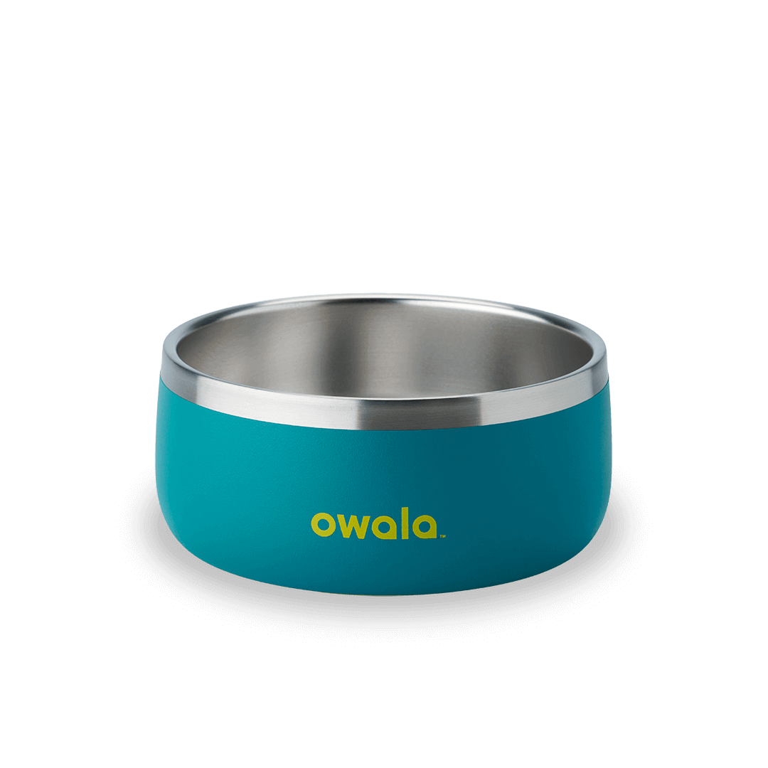 Pet Bowl 3-cup in Grapeful Fur You; matte deep purple cup exterior with stainless steel interior rim and yellow Owala logo on front